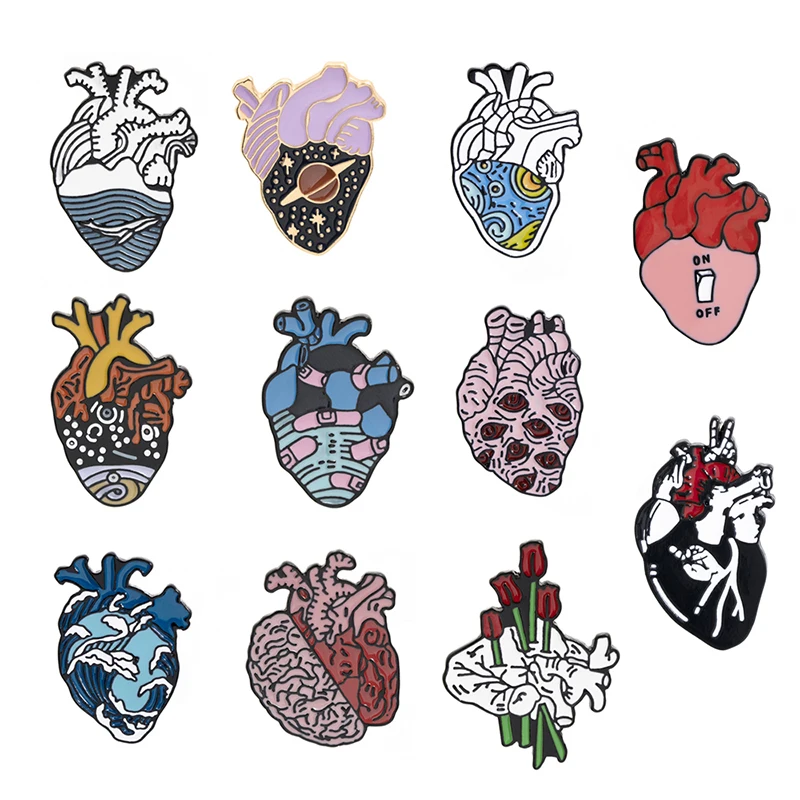 New Organ Heart Blood Vessel Colorful Enamel Pins Broken Hug Rose Ticker Brooches Heartbeat Badge For Doctors and Nurses Gift