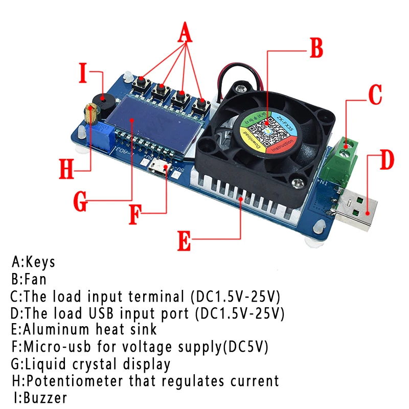 25W 35W 4A/5A Electronic Load Current Voltage Power Tester USB Protection LCD HD Display Adjustable Resistance Unloader