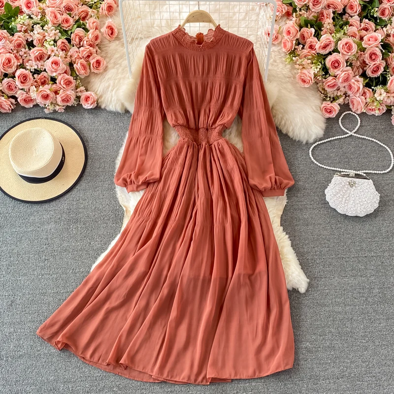 Long Sleeve Party Chiffon Zipper Black Dresses Women Pleated Elegant Maxi Robe Casual Femme Purple Vestidos Edible Tree Fungus