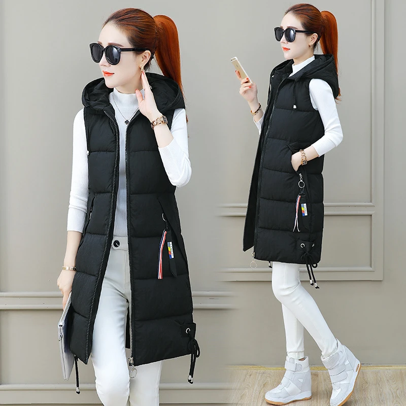 2024 Winter Women Cotton Down Vest Plus Size M-4XL Sleeveless Warm Hooded Loose Casual Long Vest Female Outerwear Padded Jacket