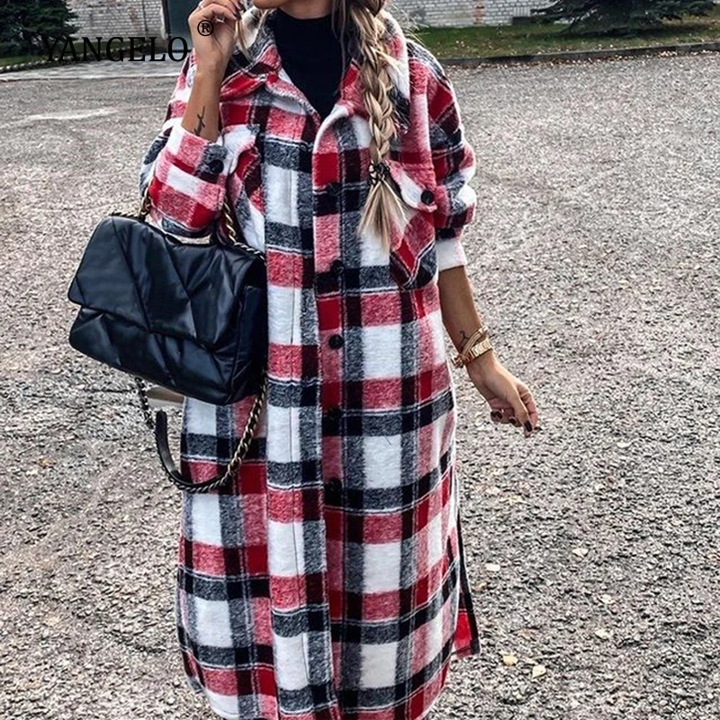 Yangelo Harajuku Plaid Long Coat Women 2021 Autumn Winter Lapel Retro Red Gray Jacket Female Loose Long Sleeve Warm Quilted Coat