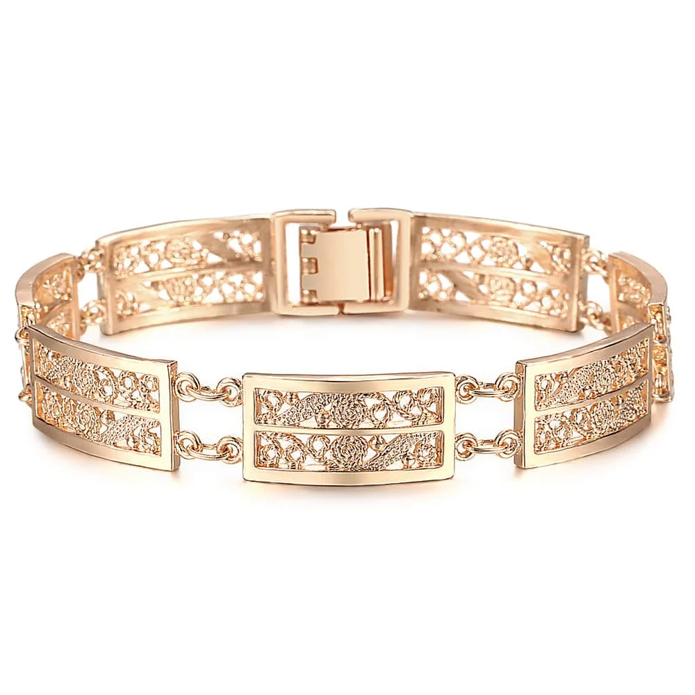 Fashion Cut Out Carved Flowers Bracelet for Women Gilrs 585 Rose Gold Color Wristband Friendship Jewelry Gift 10mm CB20