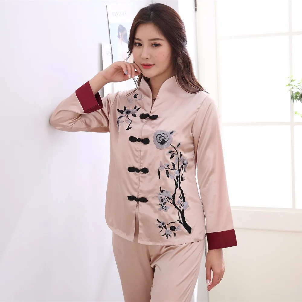 2PCS Chinese Style Women Embroidery Flower Pajamas Set Hot Sale Satin Pyjamas Suit Novelty Button Sleepwear M L XL XXL 3XL