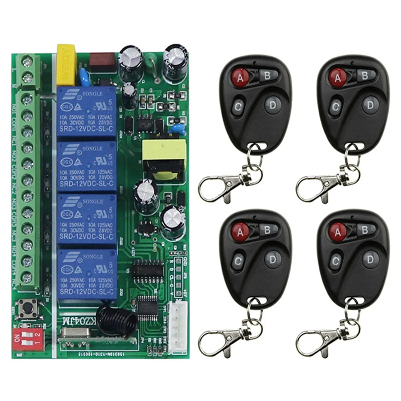 

Universal AC85V-256V 10A Relay 4CH 4 CH Wireless RF Remote Control Switch Transmitter+Receiver Module,315 / 433 MHz