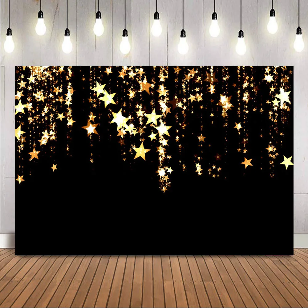 Gold Glitter Stars Backdrop for Photography Black Shining Dots Boy Birthday Background for Photo Studio Photocall Party Banner