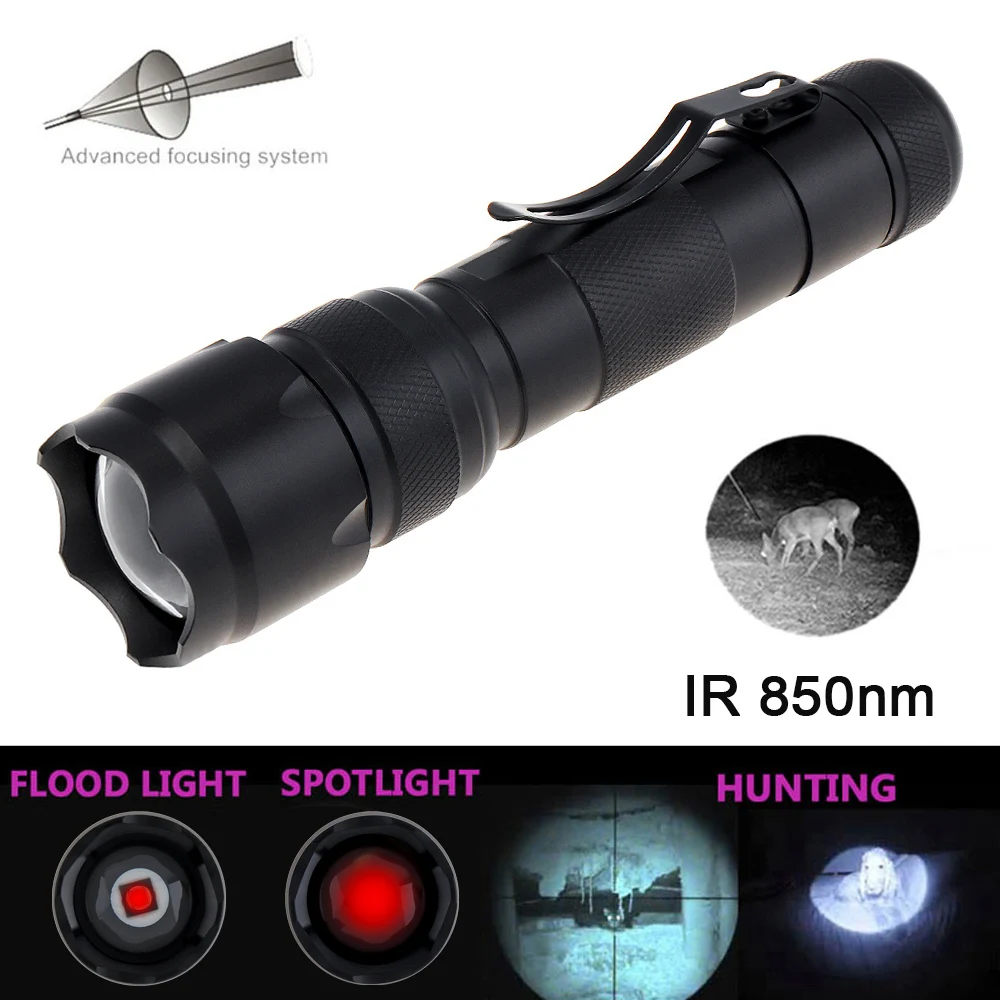 SecurityIng Mini LED Infrared Flashlight 502F IR 850nm Night Vision Zoom Handheld Waterproof Shockproof Flashlight for Hunting