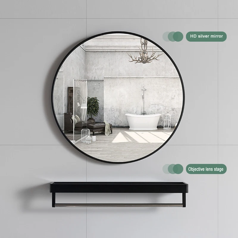 60cm Decorative Mirror Round Bathroom Mirror With Shelf Wall Hanging Free Punch For Women Make Up Miroir Vanity Mirrors