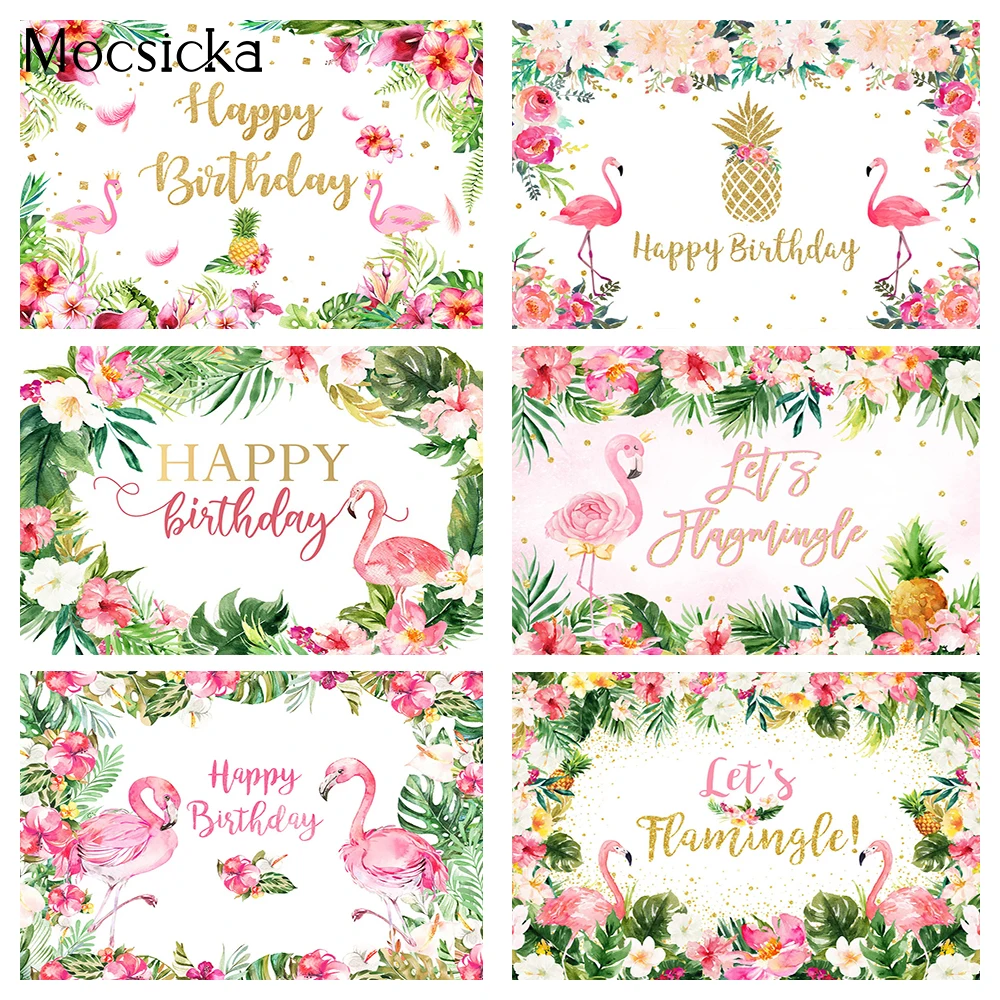 

Floral Pink Flamingo Themed Happy Birthday Backdrop Tropical Flowers Leaves Photocall Let's Flamingle Birthday Party Background