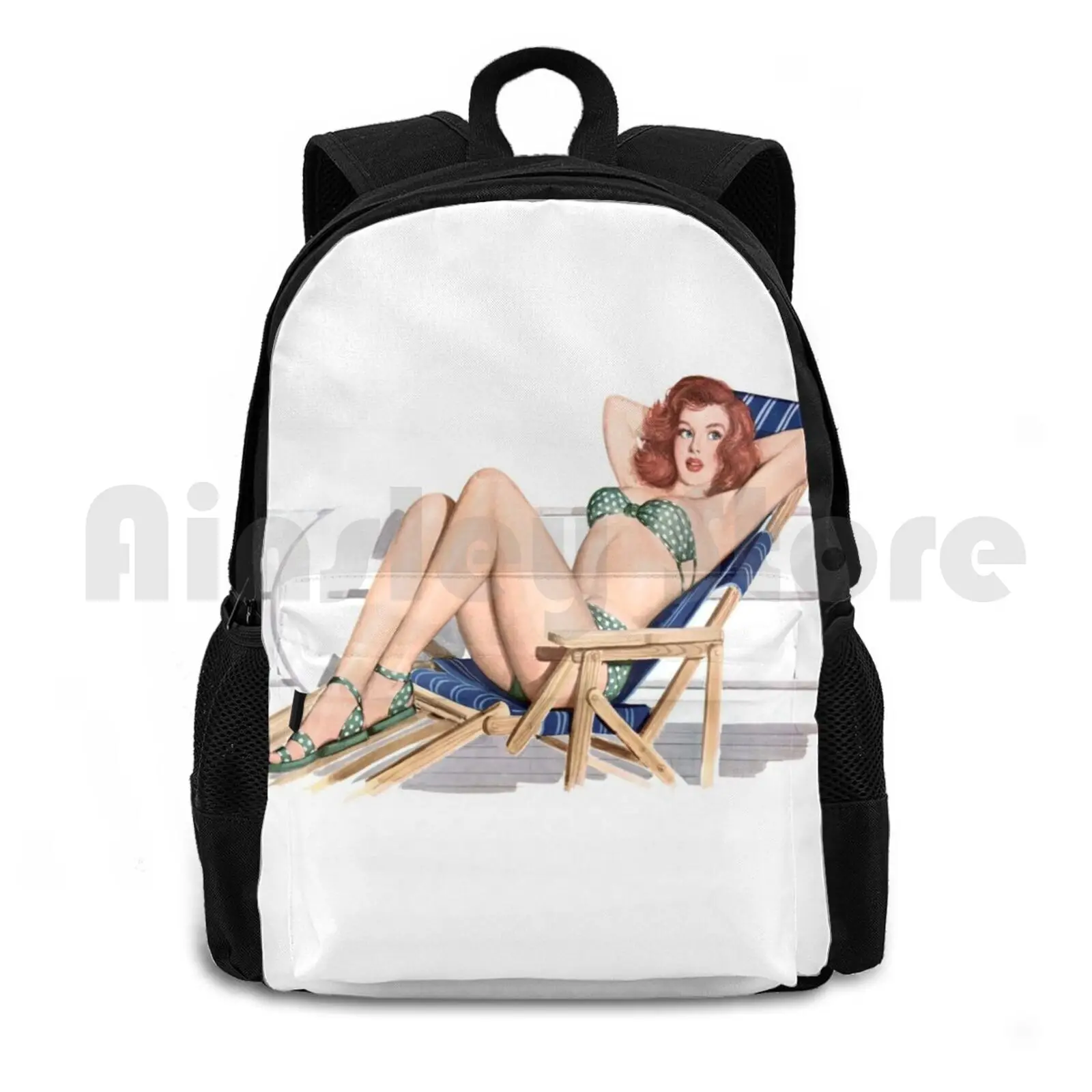 Sexy Redhead Pinup Girl In Bikini On Deck Chair Outdoor Hiking Backpack Waterproof Camping Travel Pinup Girls Up Sexy Bikini