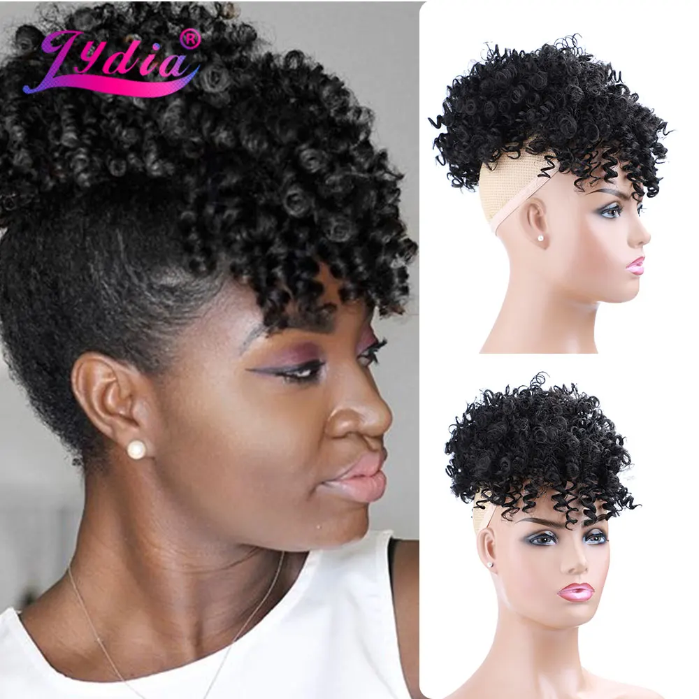 Lydia Drawstring Synthetic High Puff Afro Kinky Curly Ponytail With Bang Short Warp Bun Chignon Clip in Hairpiece Extension 140g