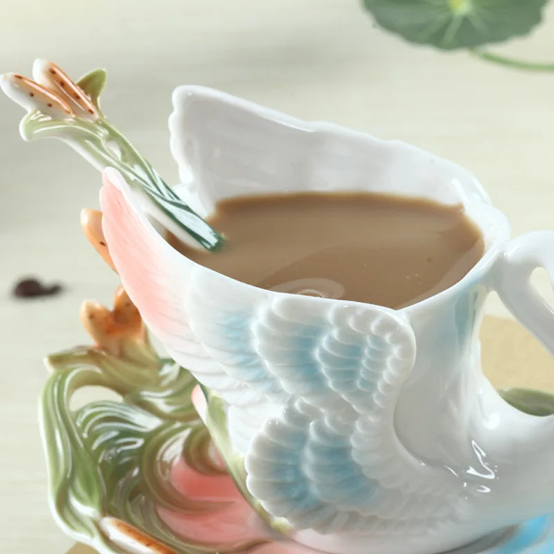 Swan canecas de café com pires colheres colorido esmalte xícara de porcelana café da manhã garrafa de água chá térmico natal presente brithaday