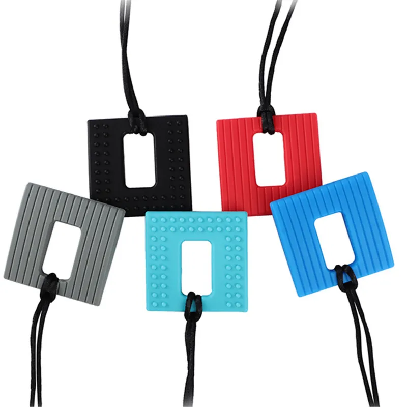 Square Textured Chew Necklace Silicone Teether Baby Teething Pendant Chewelry Sensory Therapy Toys for Autism ADHD Special Needs