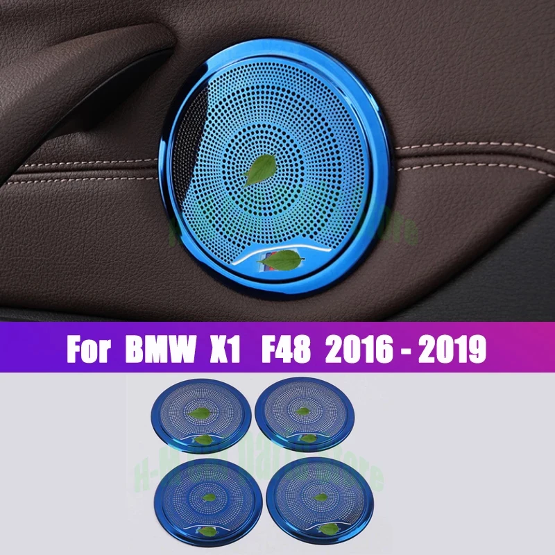 For BMW X1 F48  2016 2019  Black Stainless Steel Car-Styling Stickers Car Door Speaker Horn Frame Decoration Covers