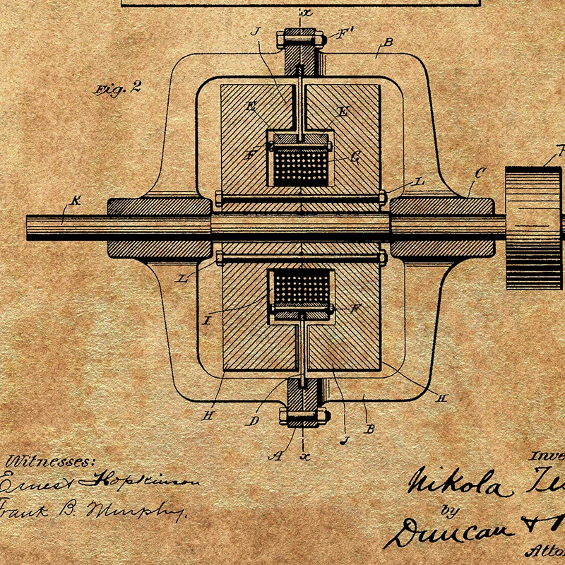 Nikola Tesla Motor Patent Blueprint Vintage Posters and Prints Artwork Magnetic Motor Wall Art Canvas Painting Gift Home Decor