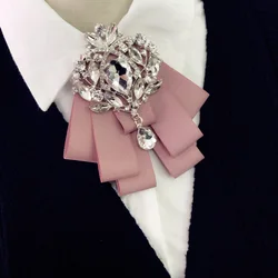 Fashion Men Women Ribbon Bow Tie Rhinestone Crystal Brooch Pin Luxury Wedding Adjustable Bowties Formal Party Handmade Necktie