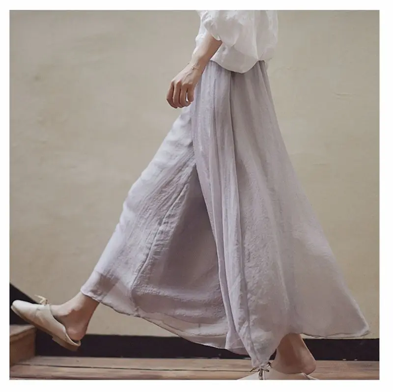 Women\'s Vintage Chinese Style Wide Leg Pants Female Casual Cotton Linen Loose High Waisted Pants Trousers 2024 Spring PA34