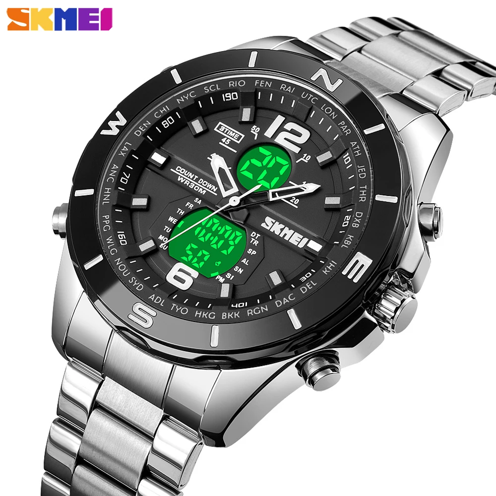 SKMEI Sports Digital Quartz Men's Watch Military 3Time Electronic Chrono Male Wristwatch Stainless Steel Clock Relogio Masculino