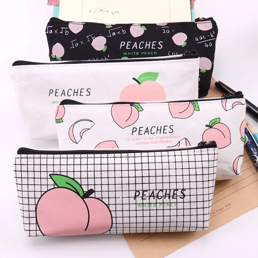 Cute Large Capacity fabric Peach Pencil Case Kawaii Simple Pen Bag for girls Office School student stationery friend kids gift