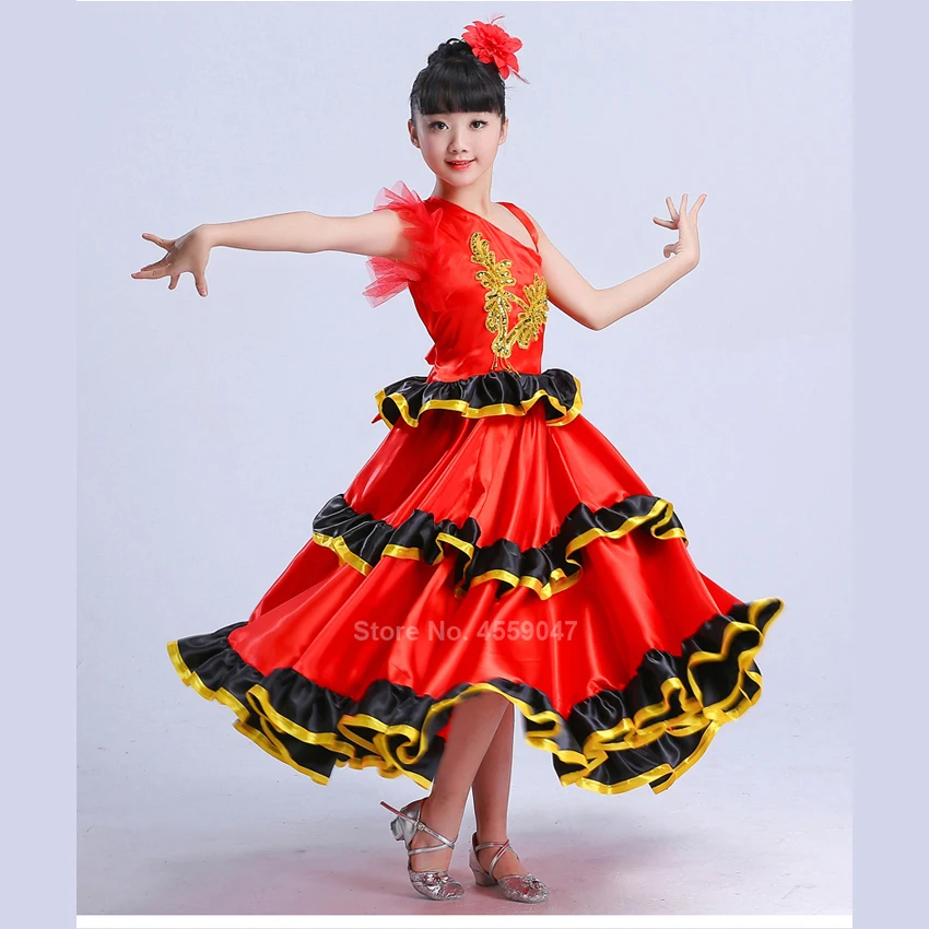 Flamenco Costume for Dancing Baby Girl Gypsy Skirts Plus Size Spanish Bullfight Belly Dance Kids Costume Red Dress 100-160CM