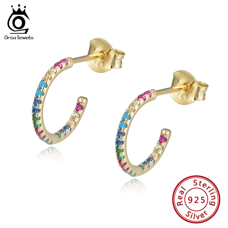 

ORSA JEWELS Trendy Rainbow CZ Round Hoop Earrings for Women Geometric 925 Silver Unusual Earrings Jewelry Gifts 2021 EQE38