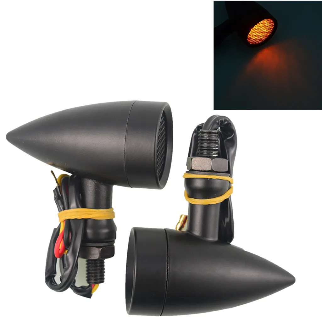 

Universal Motorcycle Black Retro Bullet LED Turn Signal Brake Light Mesh Grill Amber Lens Fit 10mm Bolt For Harley Cafe Racer