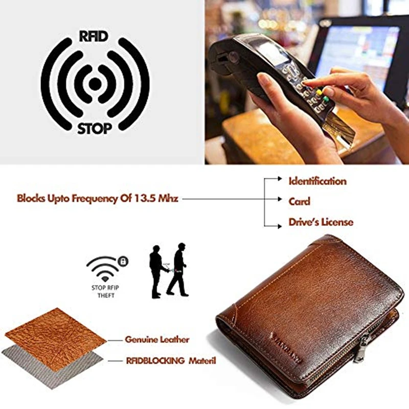 ManBang, billetera para hombre con cremallera, tarjeteros RFID de cuero genuino, billeteras plegables con bolsillo para monedas y cremallera de piel