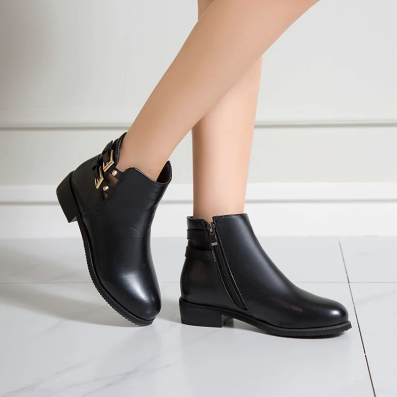 BLXQPYT Leather boots women Thick Heels Ankle Boots For Women Round Toe Winter PLus size 32- 48 Shoes Platform Boots 7104