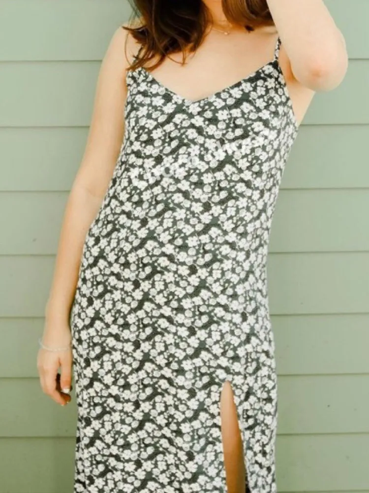 

Women A-Line Sling Midi Dress Floral New High Split Women Camisole Sweet Sexy Holiday for Summer