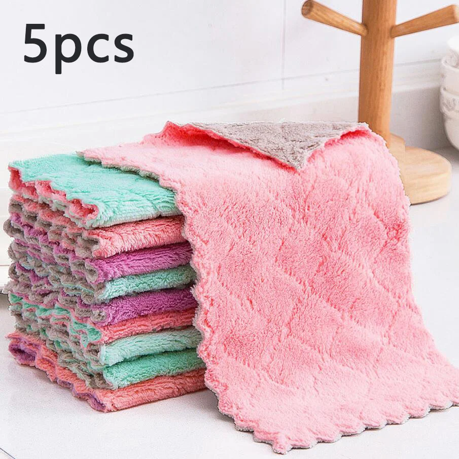 5pcs Double-Layer Absorbent Microfiber Kitchen Dish Cloth Non-Stick Oil Household Cleaning Wiping Towel Kitchen Tool