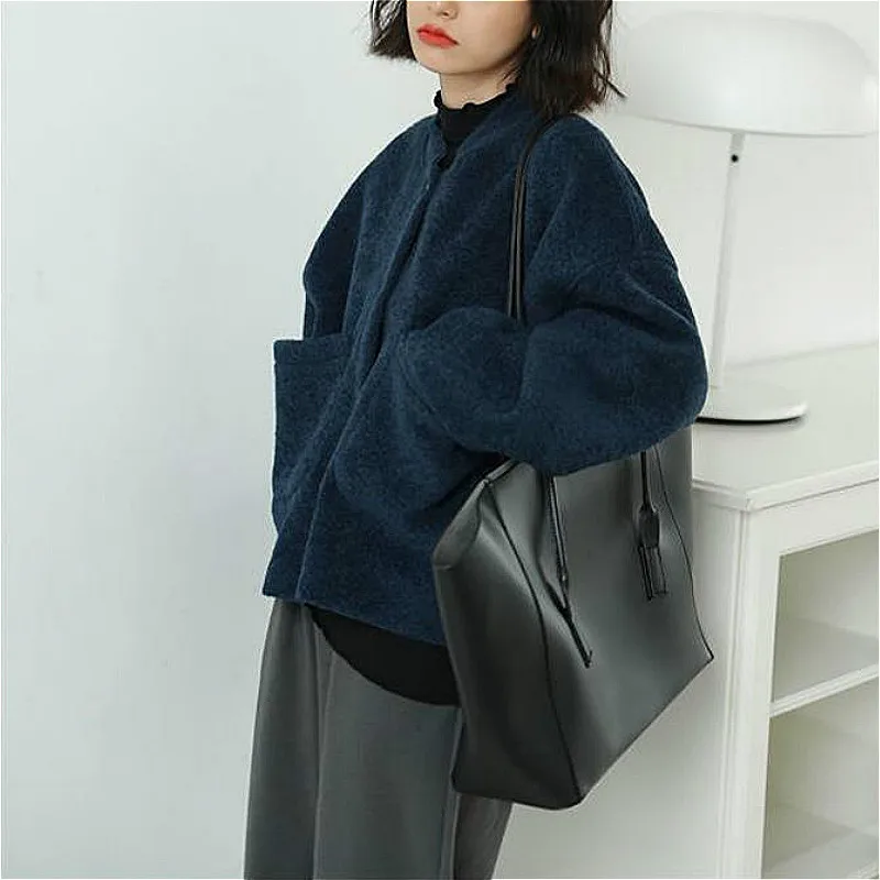 Basic Jackets Women All-match Solid Teenagers Trendy Pockets Long Sleeve BF Casual Popular Jacket Lady Clothes Navy Blue Ulzzang