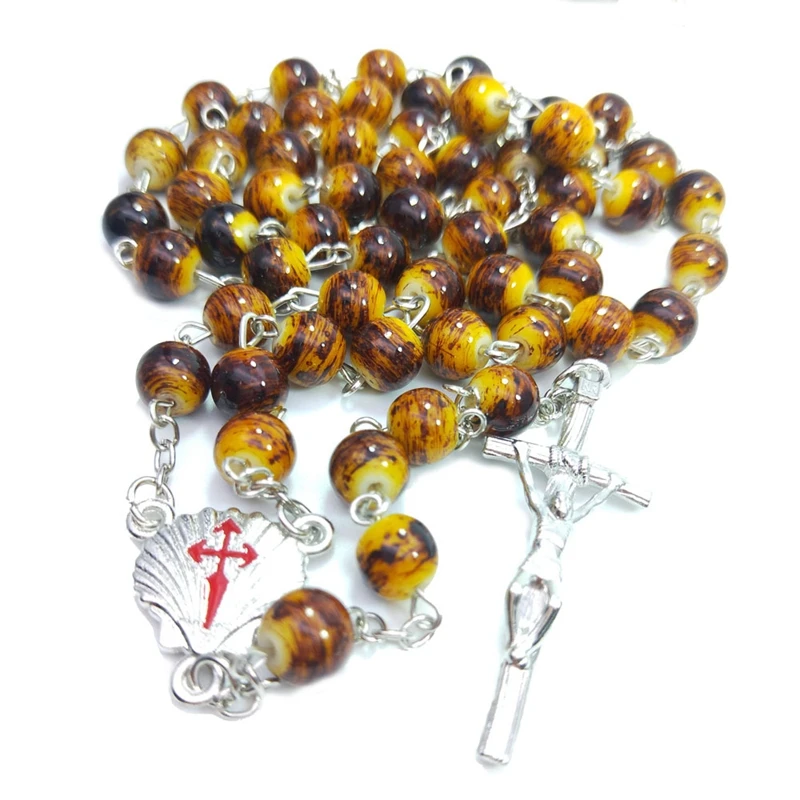 QIGO Religious Cross Pendant Leopard Glass Rosary Necklace For Men Women Long Jewelry