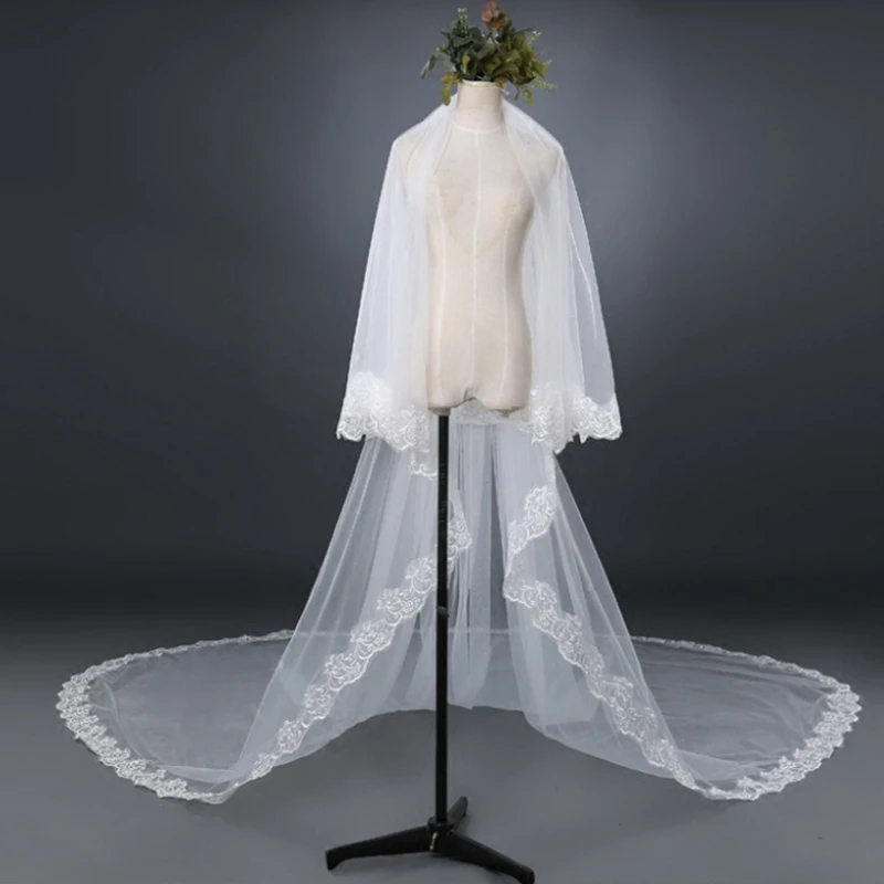 New Arrival White Ivory Cathedral wedding veil Matrimonio Bridal veils Lace Edge Voile mariage Bride Welon veu de noiva