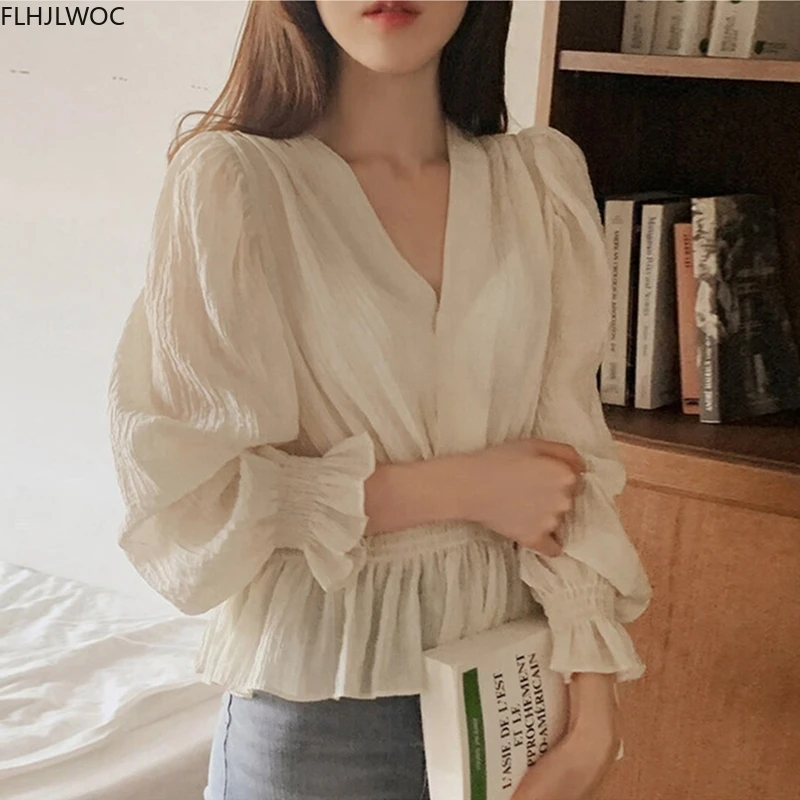 Womens Long Sleeve Peplum Tops Cute Sweet Preppy Style Girls Korean Style V Neck Ruffled Solid Shirts Blousas