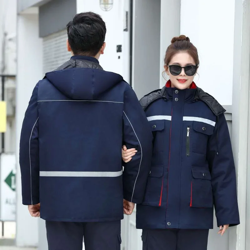 عاكس الشتاء في الهواء الطلق ملابس العمل الرجال النساء سترة سميكة معطف مقاوم للرياح مصنع ورشة عمل مقنعين دائم عامل دعوى سترة #2