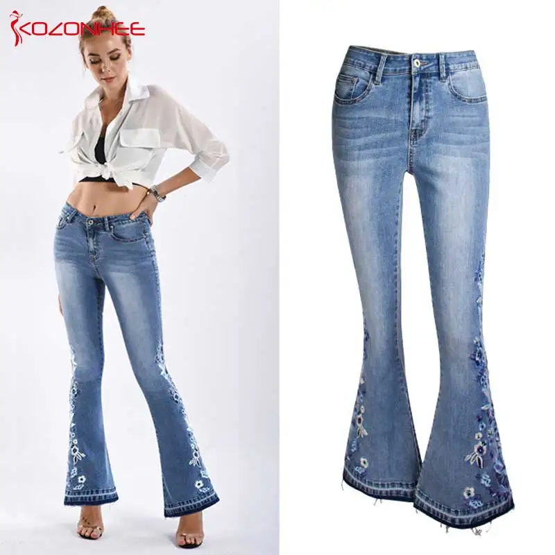 Embroidery Stretching Flare Jeans Women Elasticity Bell-Bottoms Jeans For Girls Light Blue Trousers women Jeans Large Size #72