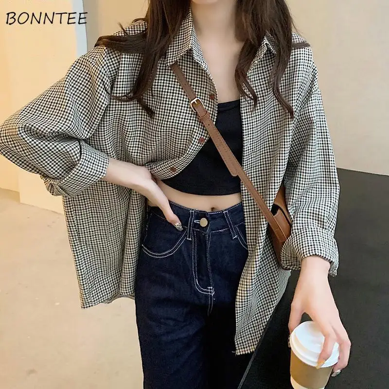 Plaid Shirts Women Autumn Vintage Female Loose Harajuku Tops Stylish Holiday Casual OL Classic Basic Tender Aesthetic Simple Ins