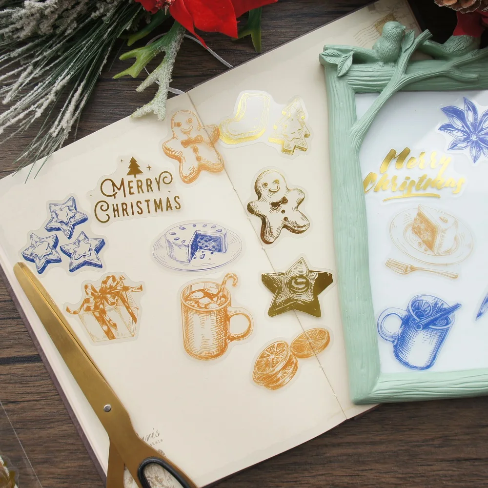 28pcs Gold Christmas Food Gingerbread Man Cake Candy Hot Drink Style Transparent Sticker Scrapbooking DIY Gift Decoration Tag