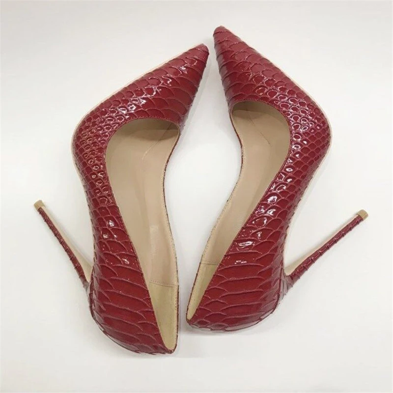 Tikicup Burgundy Croc-Effect Women Sexy Patern Stiletto High Heels Slip On Pointy Toe Chic Pumps Elegant Ladies Party Shoes