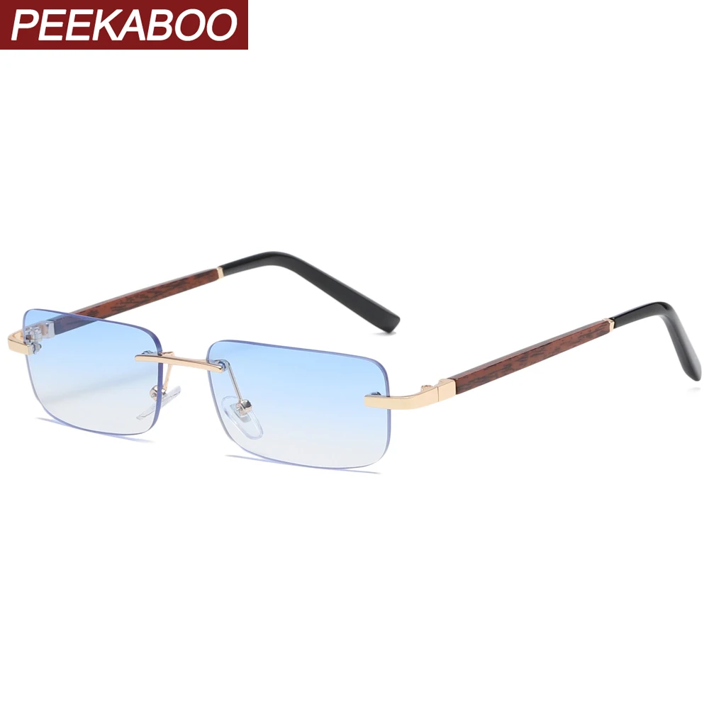 Peekaboo tinted rimless rectangular sunglasses retro blue brown imitated wood frame frameless women glasses for men uv400