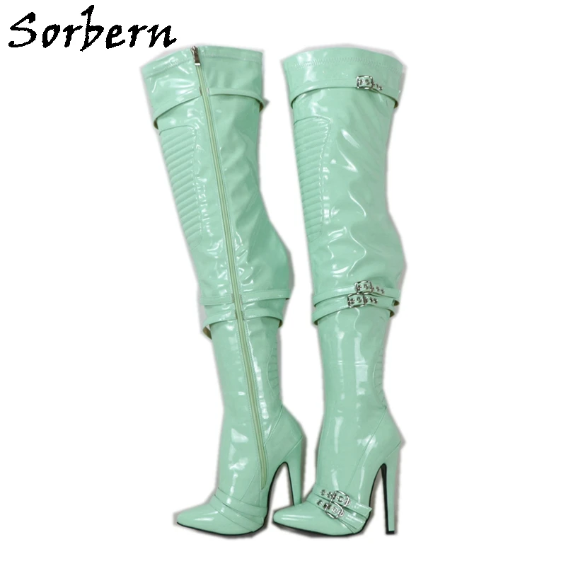 

Sorbern Mint Green Women Boots High Heel Stilettos 14Cm Side Zippers Pleated Thigh High Boots Custom Slim Fit Or Wide Fit Legs