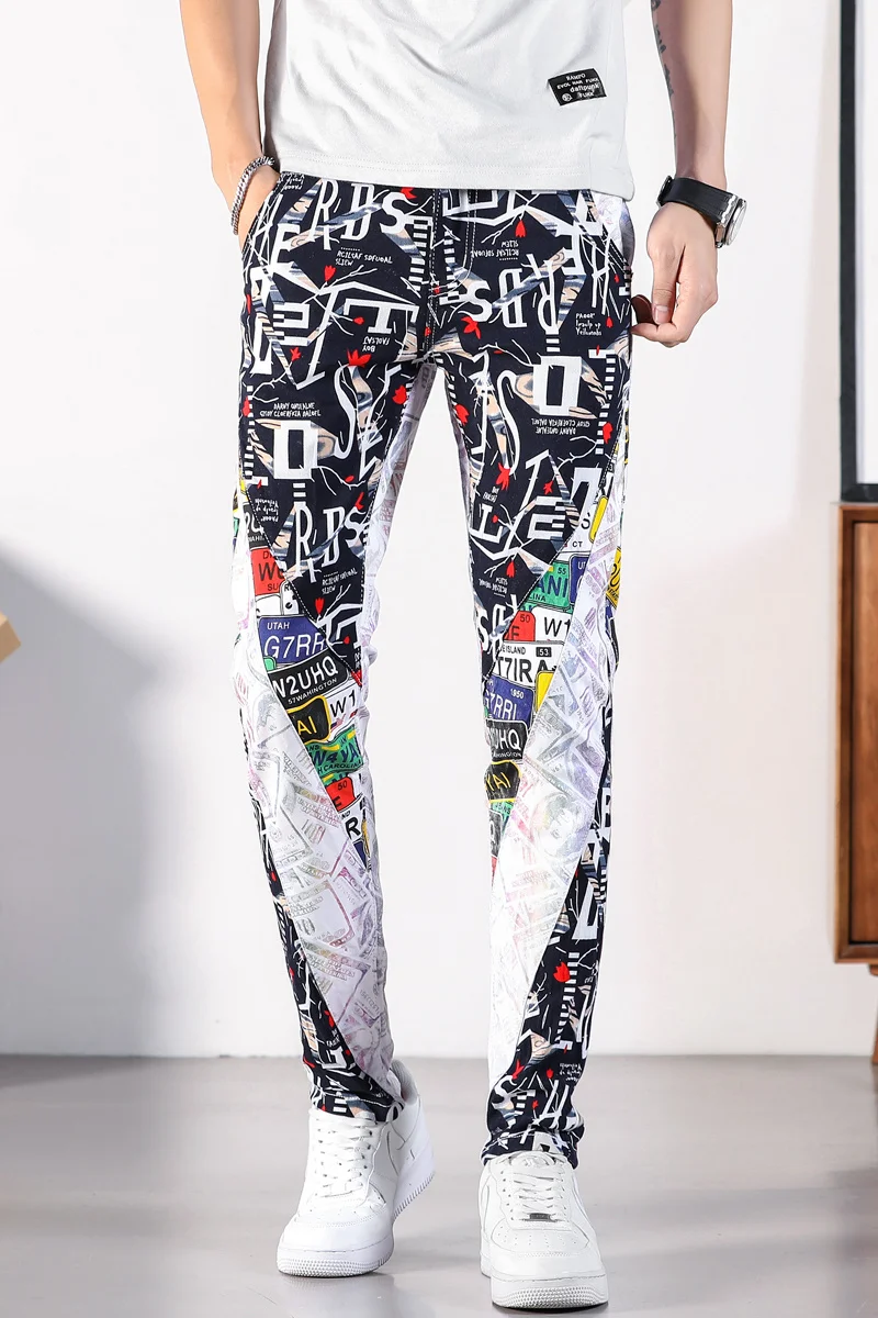 Dollar Men's Letters Printed Patchwork White Jeans Fashion Graffiti Colored Painted Slim Straight Denim Pants