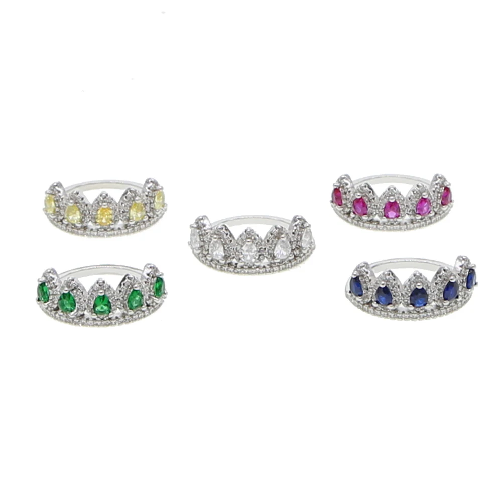silver color engagement ring for women colorful water drop cubic zirconia Cz eternity band Crown shape fashion rings