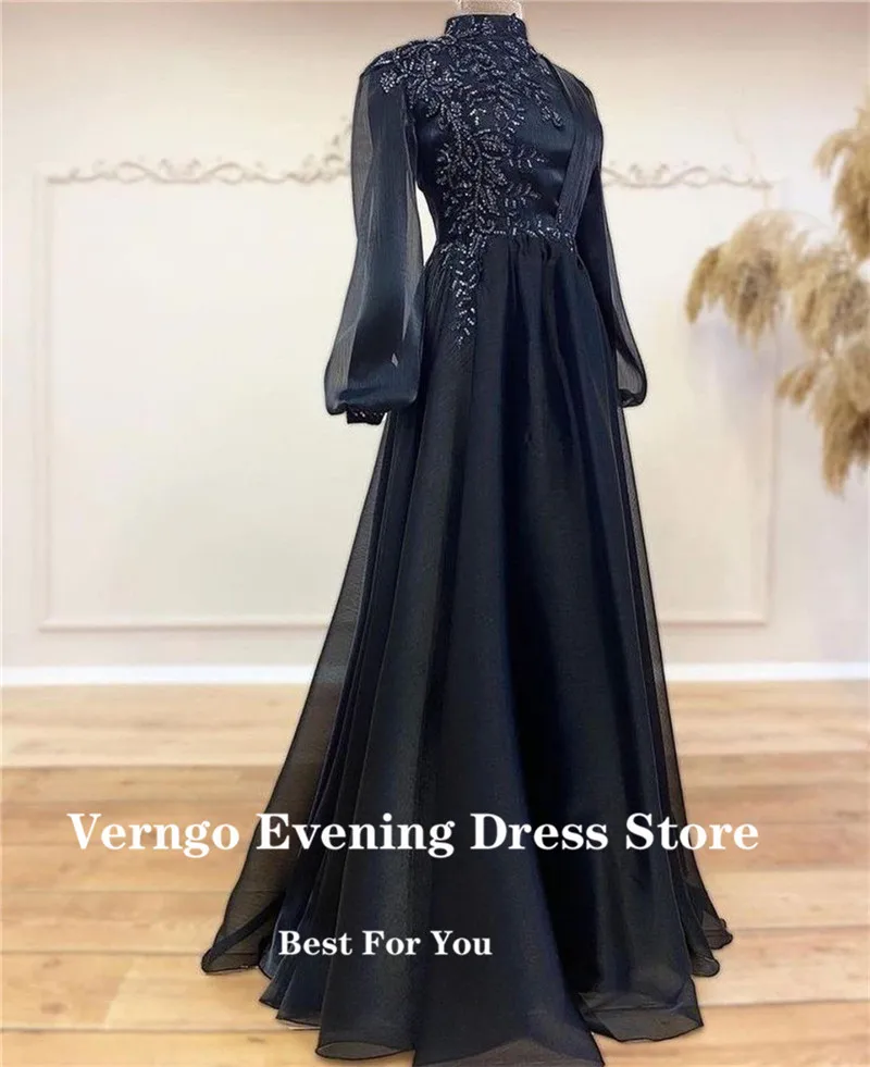 Verngo-Vestidos de Noche formales para mujer, traje de manga larga, cuello alto, encaje Floral, Azul Marino, Arabia Saudita, 2021