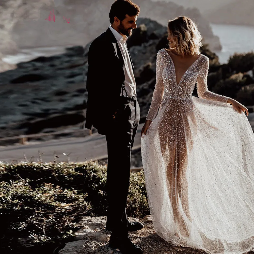 Vestido De novia bohemio De ilusión Sexy, vestido De novia De playa con Espalda descubierta, mangas y cuello en V, con lentejuelas y cuentas, 2023