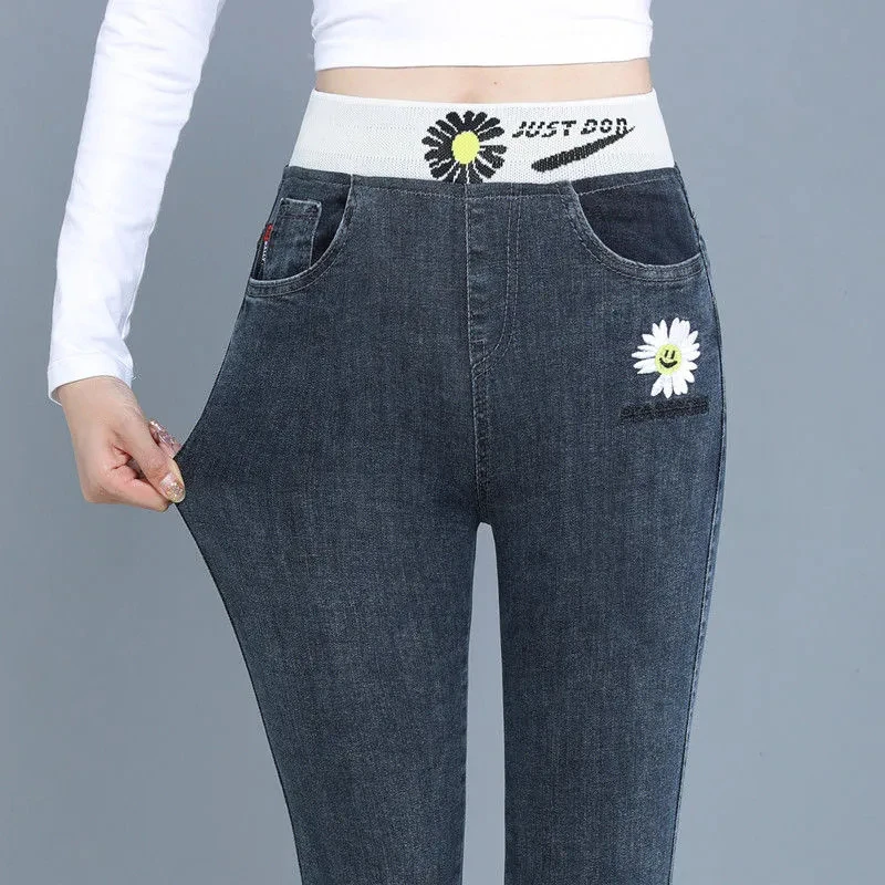 Oversize 34 High Waist Stretch Jeans Women Fashion Daisy Embroidery Skinny Pencil Vaqueros Casual Denim Leggings Cowboy Pants