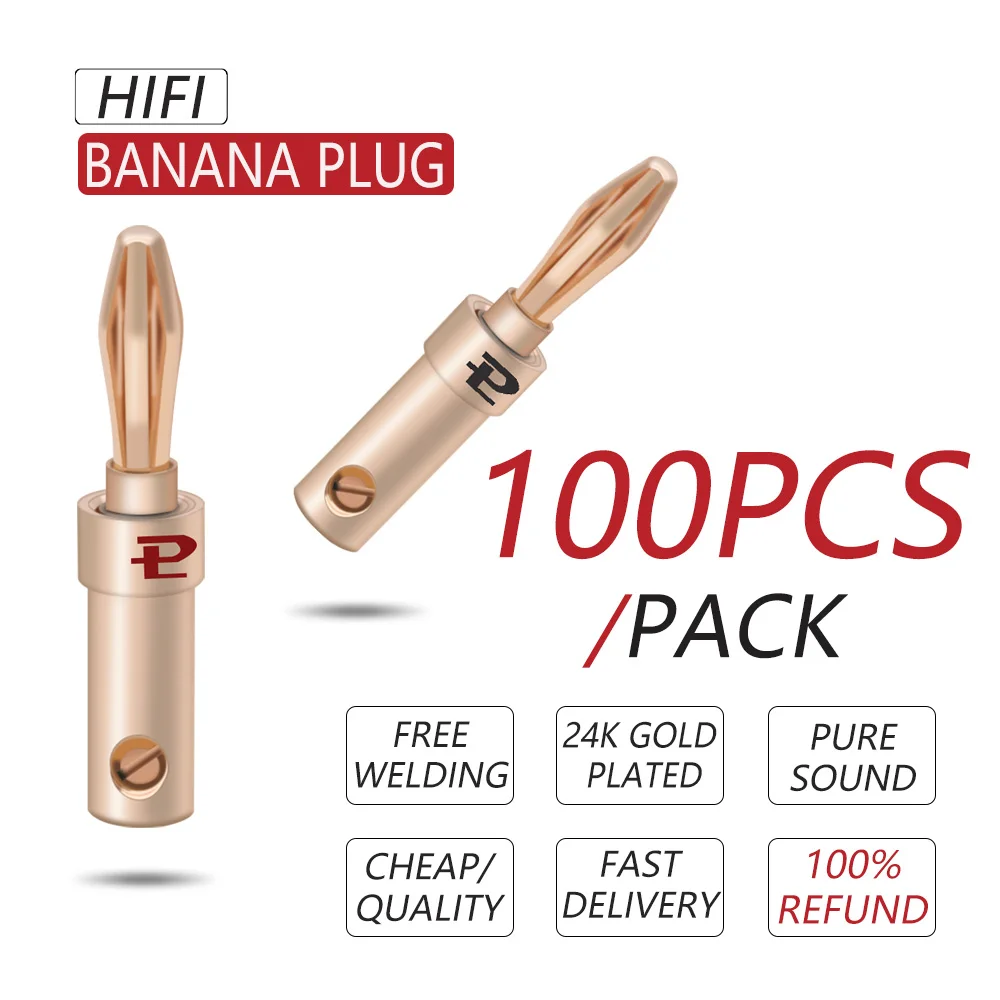 100pcs HIFI Banana Plug 24K Gold-plated Copper Banana Speaker Plug Connector Adapter Audio Converter for Speaker Wire Amplifiers