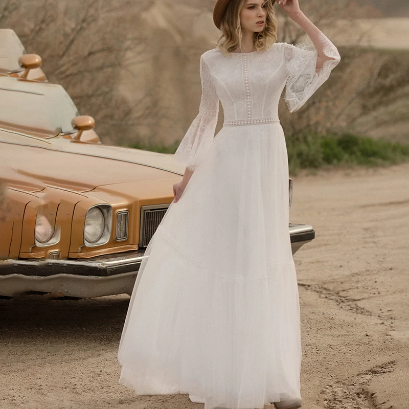 Abiti da sposa a maniche lunghe in Tulle da spiaggia taglie forti pizzo su misura lunghezza del pavimento Maxi Tulle cerimonia abiti da sposa morbidi