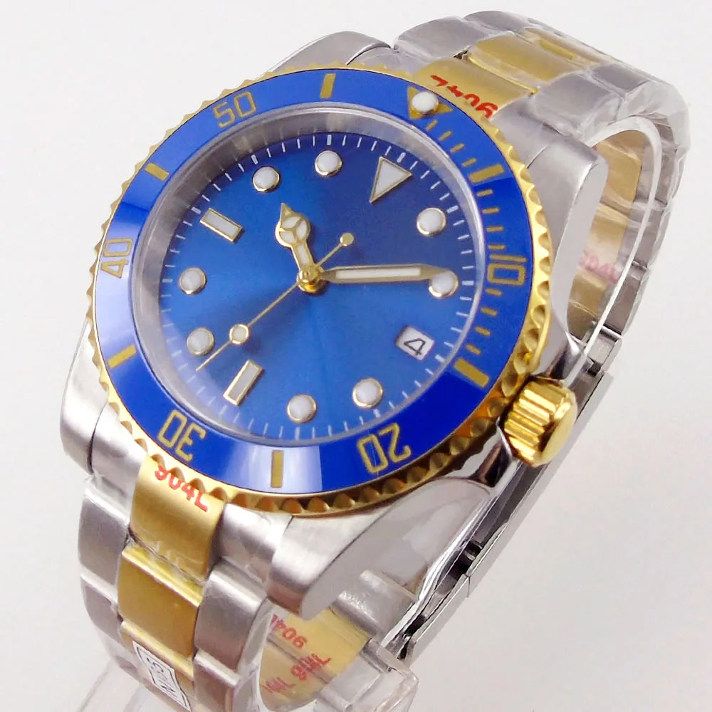 

Gold Plated Automatic Men's Watch PT5000/NH35/Miyota 8215 Blue Dial Date Sapphire Glass 316L Bracelet Mechanical Bliger 40mm