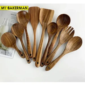 1-9 buah / set Sendok peralatan makan kayu alami Jati Sendok saringan sendok memasak skimmer sup nano khusus Sendok alat Dapur kayu kit 8 set sendok kayu terlaris - №