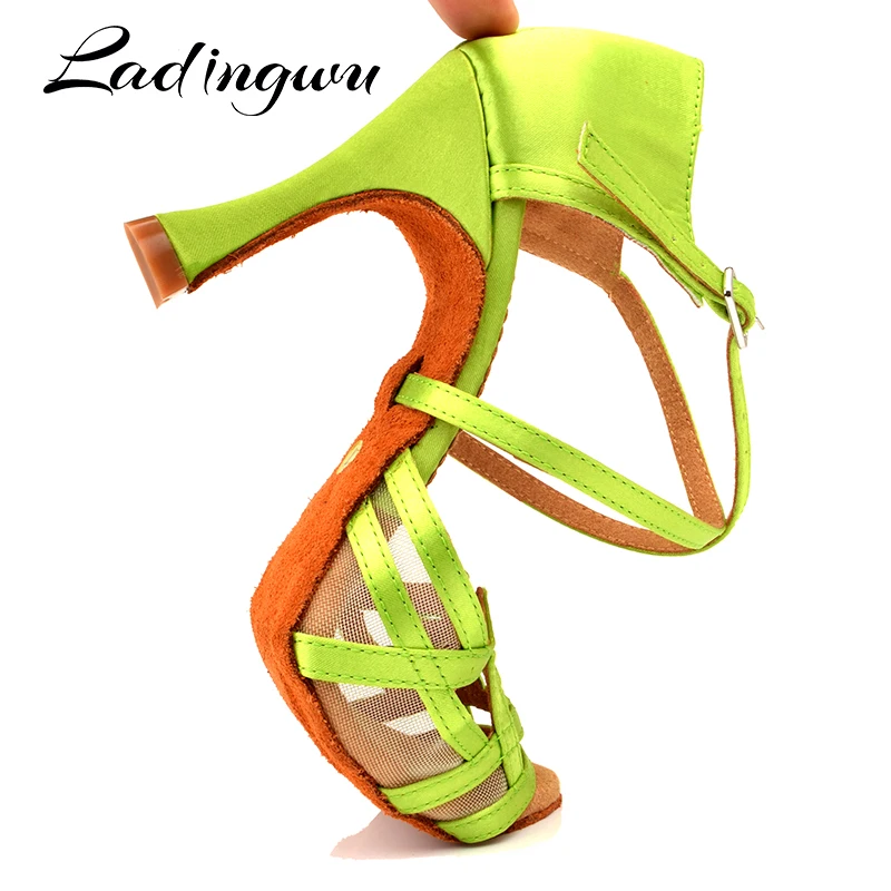 Ladingwu Dance Shoes Women Salsa Shoes Dance Light Green Satin Latin Dance Shoes Geometric patterns Design Soft Bottom